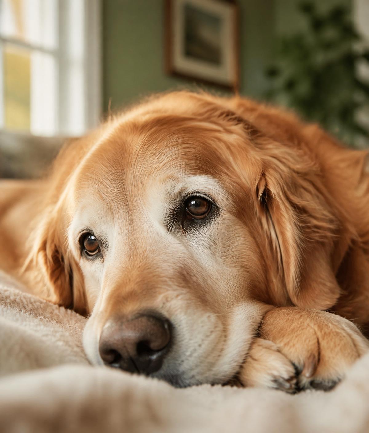 A senior golden retriever resting peacefully