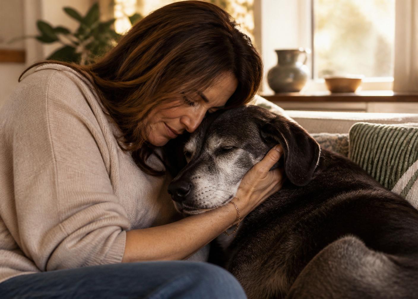 A woman gently embracing her elderly dog at home